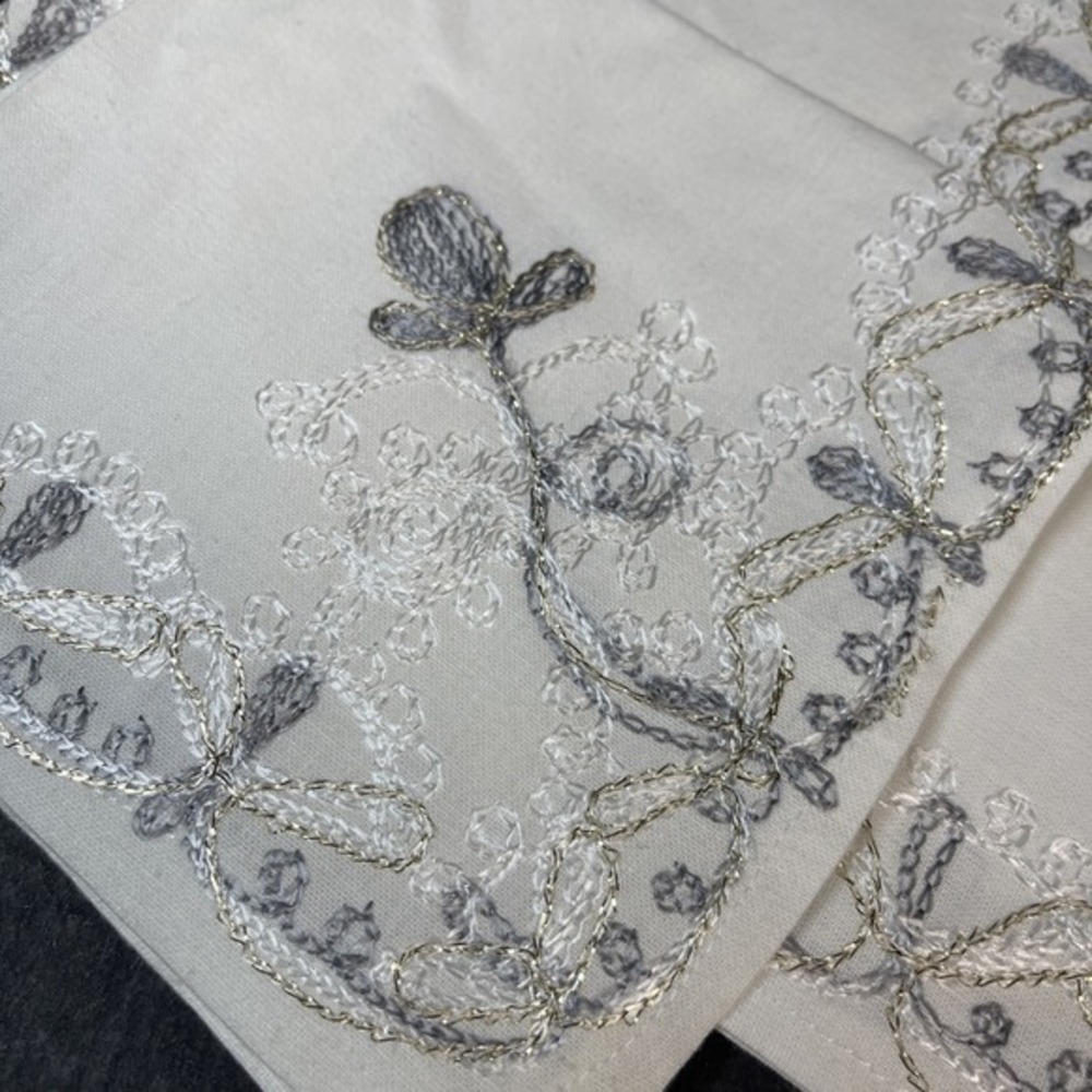 Set/ 6 VTG Cloth Ivory Linen Napkins Embroidered Silver Gold Unused 12"x12"‎